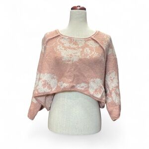 Free People Alpaca Wool Womens Pink Floral Cropped Boho Sweater Small Oversized‎